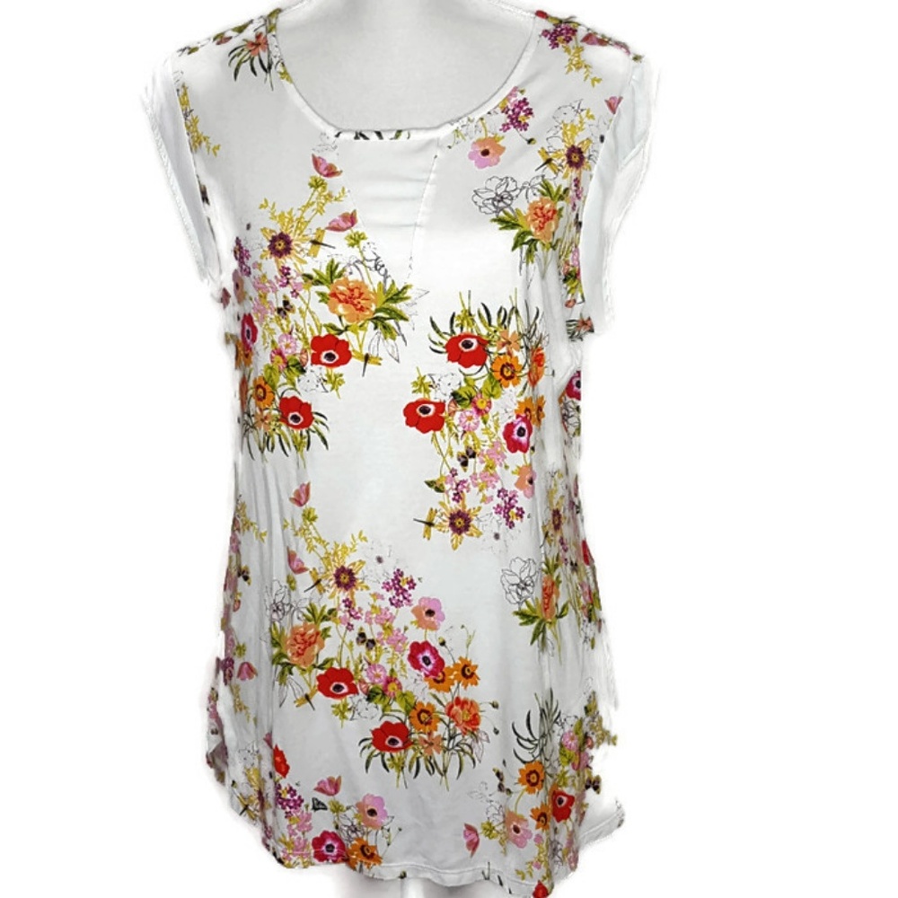 Rose + Olive White Floral Cap Sleeve Shirt L